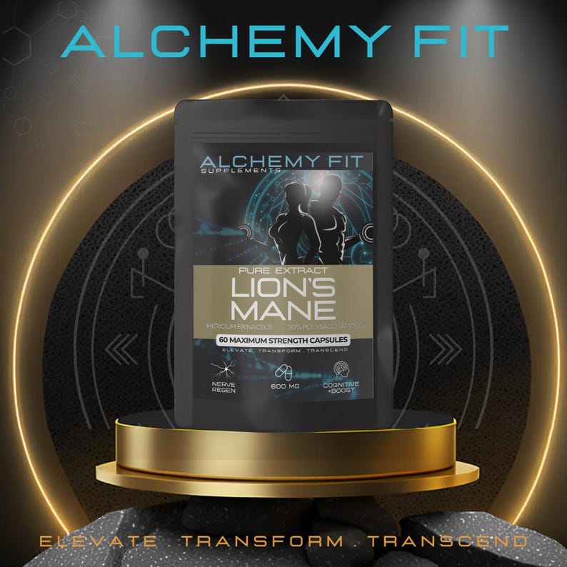 May include: Black supplement pouch with the text "ALCHEMY FIT" and "LION'S MANE". The pouch is on a gold platform with a dark background. The text "60 MAXIMUM STRENGTH CAPSULES" is also visible.