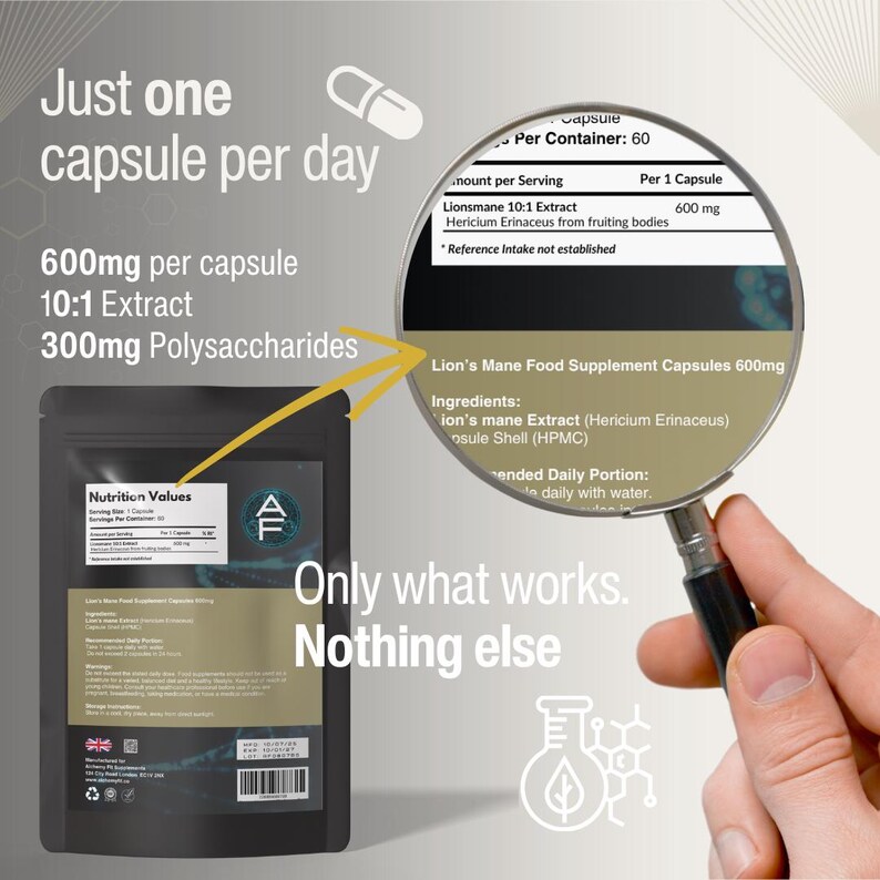 May include: A black pouch of Lion's Mane food supplement capsules with a magnifying glass showing the ingredients. The text reads "Just one capsule per day" and "600mg per capsule". The product contains 300mg of Polysaccharides.