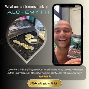 May include: Image showcasing Alchemy Fit products, including capsules and powder. The image features a man holding a product package with the text "CLEAN TANGIC". Text on the image reads "What our customers think of Alchemy Fit" and "2000+ units sold on TikTok".