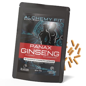 May include: Black pouch of Alchemy Fit Panax Ginseng capsules. The pouch has a red banner with white text and a graphic of two figures. The capsules are a light brown colour and are scattered around the pouch.