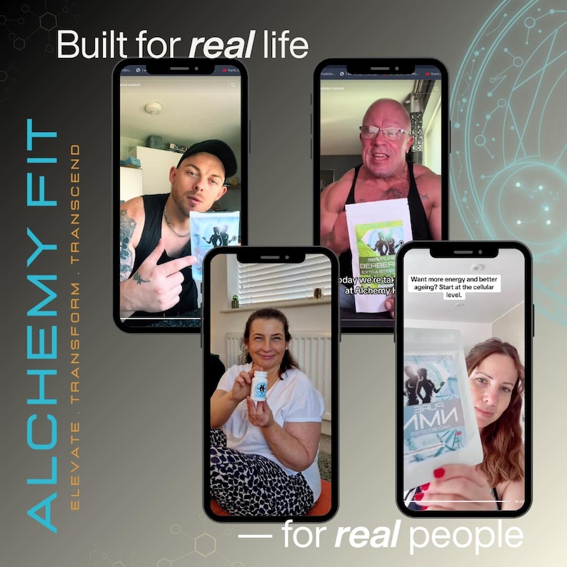 May include: An advertisement for Alchemy Fit, featuring four smartphones displaying people holding product packaging. The text "Built for real life" and "for real people" is displayed. The Alchemy Fit logo is also visible.