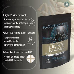 May include: Black pouch of Alchemy Fit Lion's Mane supplements. The label reads "Pure Extract Lion's Mane" with "60 Maximum Strength Capsules." The text also includes "High-Purity Extract" and "GMP Certified Lab Tested."