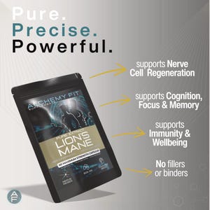 May include: A black pouch of Alchemy Fit Lion's Mane supplements. The pouch features the text "Pure Extract Lion's Mane" and "60 Maximum Strength Capsules." Additional text includes "Supports Nerve Cell Regeneration," "Supports Cognition, Focus & Memory," and "Supports Immunity & Wellbeing."