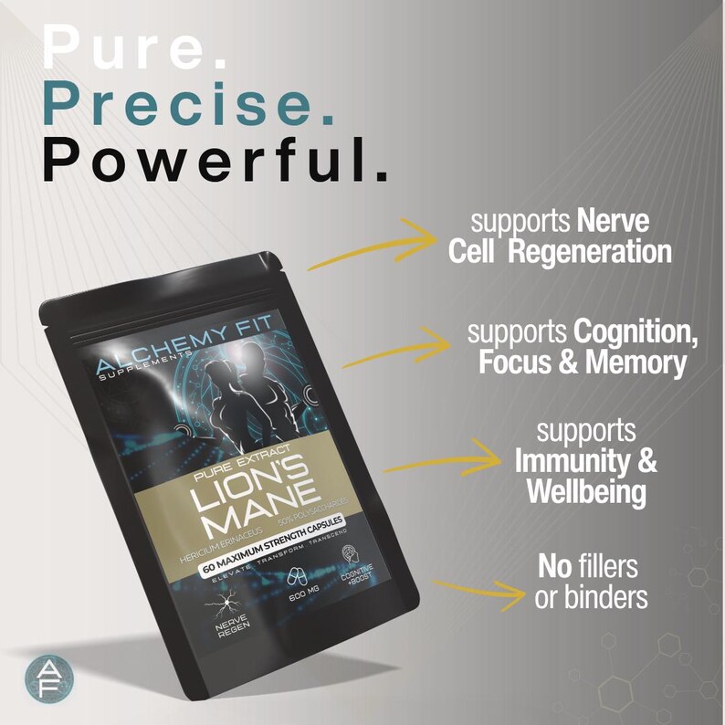 May include: A black pouch of Alchemy Fit Lion's Mane supplements. The pouch features the text "Pure Extract Lion's Mane" and "60 Maximum Strength Capsules." Additional text includes "Supports Nerve Cell Regeneration," "Supports Cognition, Focus & Memory," and "Supports Immunity & Wellbeing."
