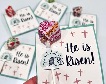Christian Easter Lollipop Treat Tag, He is Risen Sucker Holder, Resurrection Sunday Candy