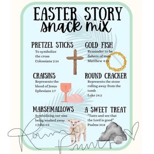 May include: A printable Easter snack mix guide with illustrations and scripture verses. The guide includes pretzels, goldfish crackers, craisins, round crackers, marshmallows, and a sweet treat. The text includes the following verses: Colossians 2:14, Matthew 4:19, Ephesians 1:7, Luke 24:2, 1 John 1:9, and Psalms 34:8.