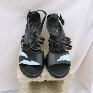 Feet in the Clouds Hand Painted Heeled Black Leather Sandals