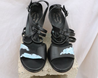 Feet in the Clouds Hand Painted Heeled Black Leather Sandals