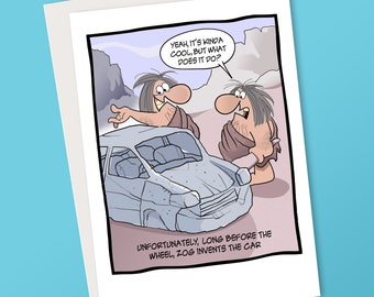 Grappige wenskaart voor iedereen. Helaas vindt Zog, lang voor het stuur, de auto uit.