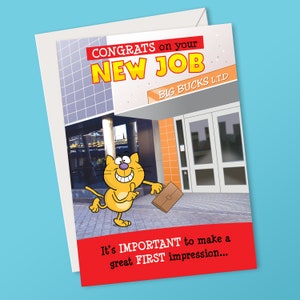 Congratulazioni per il tuo nuovo lavoro. È importante fare un’ottima prima impressione... Nuovo biglietto di lavoro divertente per chiunque.