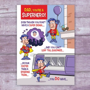 Tarjeta divertida del Día del Padre. ¡Papá, eres un superhéroe! Aunque no tengas superpoderes...