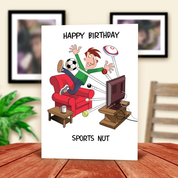 Happy Birthday Sports Nut. Light-hearted male card for sports mad family and friends.