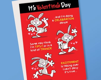 Puede incluir: Tarjeta de San Valentín con fondo rojo y conejos de dibujos animados. La tarjeta presenta el texto "It's Valentine's Day" y otras frases como "CELEBRATION dance" y "EXCITEMENT is taking over".