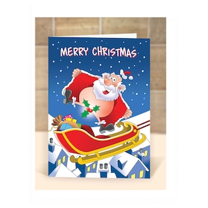 Funny Christmas card, humorous Christmas card, Merry Christmas Santa, Santa and sleigh, rooftops, snow scene, Santa flash
