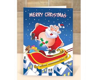 Funny Christmas card, humorous Christmas card, Merry Christmas Santa, Santa and sleigh, rooftops, snow scene, Santa flash
