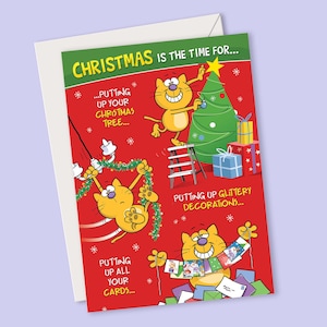 Grappige kerstkaart, relaties bezoeken, kat decoratiekaart ophangen, boom ophangen, kerstkaarten ophangen,