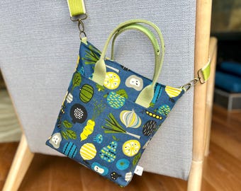 Japanese canvas crossbody tote bag: blue and lime