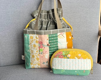 Patchwork cotton quilted lunch bag with drawstring: matching pouch