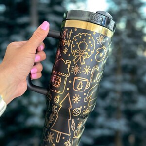 Custom Laser Engraved Tumbler With Handle Lid and Straw Christmas Doodle Cup Not Stanley Brand
