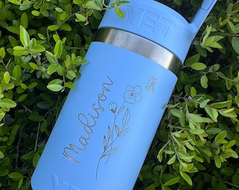 Custom Birth Flower Engraved Yeti Personalized Yeti Rambler Custom Kids Yeti 12oz 18oz Cruise Mug Toddler Tumbler Rambler Junior Yeti Junior
