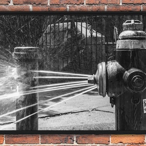 NYC Photo Wall Art Black Framed 24x36 Horizontal Canvas Print - Spraying Fire Hydrant - Black and White Photography - Fire Hydrant Art Photo