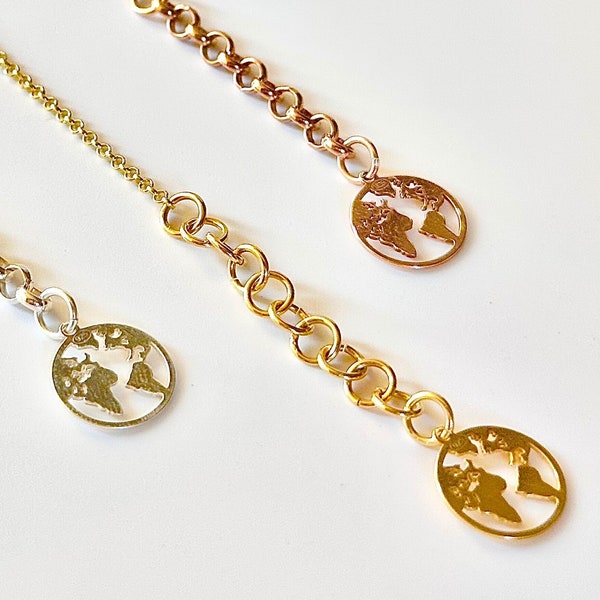 UNIVERSAL Anklet (XS - XL) With Globe Pendant 925 Sterling Silver/Gold/21k Rose Gold World Map Planet Earth Gift For Her Stretchable