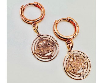 Hoop Earrings with Charm Pendant Compass Pendant 925 Sterling Silver Gift for Travelers Lucky Charm Unisex 21k Gold 21k Rose Gold