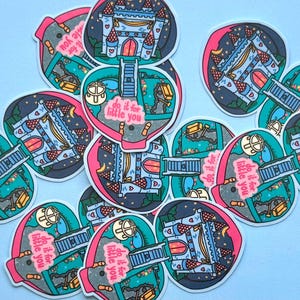 Puede incluir: Una colecci&oacute;n de pegatinas con un dise&ntilde;o en forma de coraz&oacute;n que presenta un castillo, una luna y el texto "do it for little you". Las pegatinas tienen una combinaci&oacute;n de colores rosa, azul y turquesa.