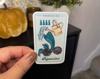 Aquarius Astrology Zodiac Sign Sticker Mermaid Tail Watering Can Gemstone Sunglasses Cute Gift for Her Waterproof Vinyl Decal