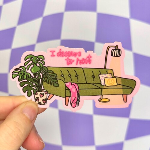 I Deserve To Rest Sticker Cute Green Couch Strawberry Print Checker Blanket Funny Sticker Mental Health Therapy Vinyl Decal