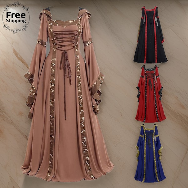 Renaissance Medieval Fantasy Dress, Ren Faire Vintage Goth Dress, Aesthetic Hooded Witch Dress, Floor Length Flare Sleeve Dress for Womens