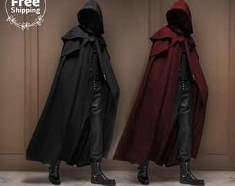 Mittelalterlicher Wikinger Hexen Umhang, Zauberer Schwarzer Umhang mit Kapuze, Ren Faire Pirat Cosplay Kostüm, Komfort Farben Gothic Kapuzen Umhang für Erwachsene