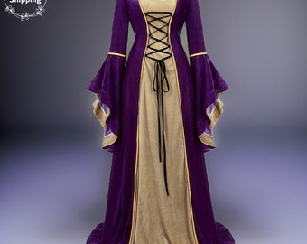 Renaissance Medieval Fantasy Dress, Ren Faire Vintage Victorian Dress, Medieval Witch Cosplay Costume, Floor Length Long Sleeves Goth Dress