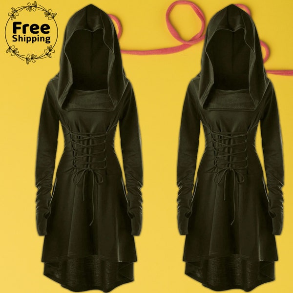 Renaissance Hooded Aesthetic Dress, Medieval Wizard Cloak with Hood, Ren Faire Gothic Vintage Dress, Viking Pirate Archer Cosplay Costume