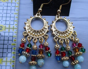 Gold Chandelier Earrings with Crystals and Gold Filigree Beads
