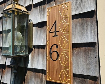 House number plaque, address sign, elegant contemporary, solid Black walnut, Housewarming gift.