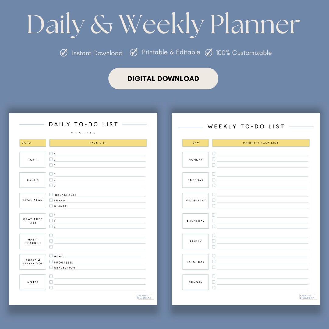 Printable Daily and Weekly Planner, Daily To-do List, Weekly Task List ...