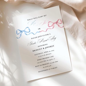 He or She Invite, Bow Gender Reveal Invitation, Boy or Girl Evite, Minimalist Gender Reveal Template, What Will Baby Be, Pink Blue Coquette