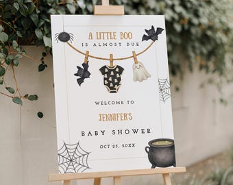 A Little Boo is Almost Due Welcome Sign, Halloween Shower Sign Template Printable, Editable Spooky Decor, Cute Ghost, Baby Clothesline, HB01
