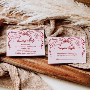 Cartes de clôture roses dessinées à la main pour baby shower, tombola lunatique de couches de douche fille excentrique avec noeud, livres pour cartes de remerciement de bébé imprimables, HS02