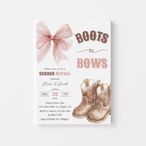 May include: A gender reveal invitation card featuring a large pink sheer bow at the top left and a pair of brown cowboy boots at the bottom right. The text reads Boots or Bows, Please join us for a GENDER REVEAL, honoring Elisa & Jacob, Sunday April 26 2026.