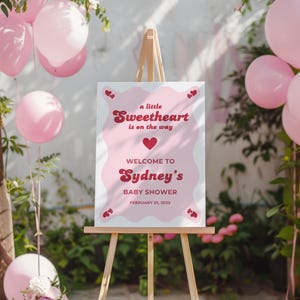 Valentine Baby Shower Welcome Sign, A Little Sweetheart Welcome Sign Printable, Editable Girl Shower Pink Red Heart Wavy Border Decor, VBS02