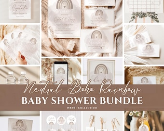 Boho Rainbow Baby Shower Bundle, Editable Gender Neutral Invitation, Games, Signs & Cards Pack Printable (Digital Download), NRS01