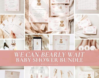 We Can Bearly Wait Bundle, Teddy Bear Baby Shower Games Signs Pack Printable, Vintage Pink Bow Girl Baby Shower Party Decors Editable, BS02