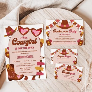 A Little Cowgirl Baby Shower Invitation, Wild West Girl Shower Invite Suite with Diaper Raffle Books for Baby Cards Tickets Printable, CG01