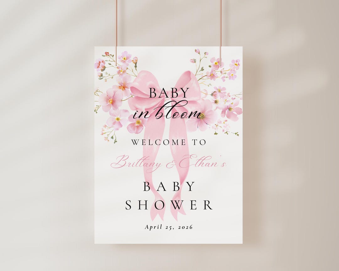 Pink Bow Floral Baby Shower Welcome Sign, Baby in Bloom Sign Template ...