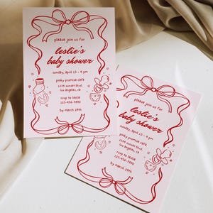 Red Pink Hand Drawn Baby Shower Invitation, Whimsical Girl Invite Template Printable, Bow Funky Quirky Scribble Digital Evite Editable, HS02