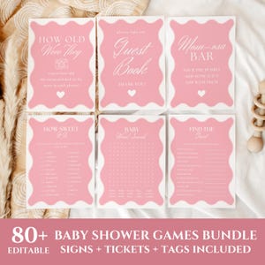 Lot de jeux pour baby shower, bordure ondulée rose et billets modifiables, pack de jeux amusants imprimables, modèles de jeux d'activités de fête, WBS01