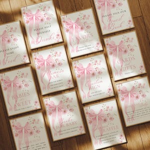 Pink Bow Floral Baby Shower Signs Bundle, Baby in Bloom Table Signs Template Editable, Printable Coquette Girl Baby Shower Party Decor, FB02