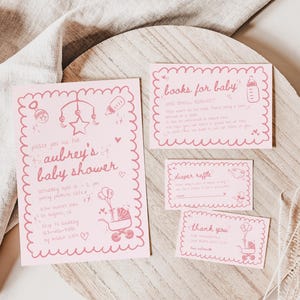Pink Hand Drawn Baby Shower Invitation Set, Whimsical Girl Invite Suite w/ Cards Printable, Handwritten Scribble Digital Evite Editable HS01